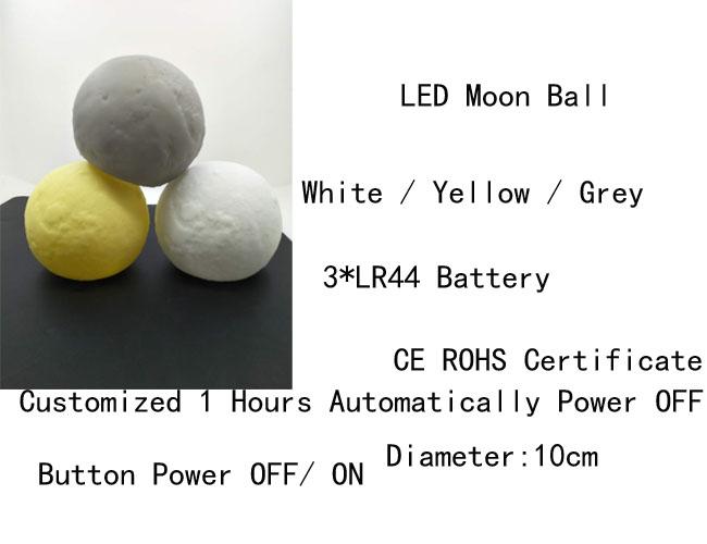 la boule rougeoyante de la lune LED de PVC de 10cm allume couleur à piles grise/jaune/blanche